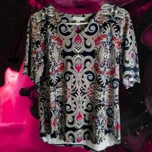 Charter Club XLG short sleeve paisley design black gray pink woman's blouse.